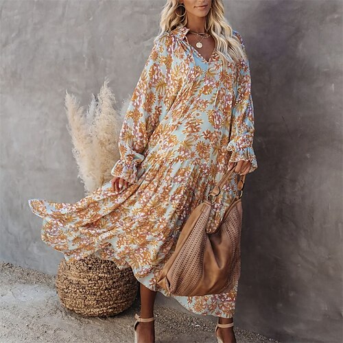 

Women's Shift Dress Swing Dress Sundress Long Dress Maxi Dress Yellow Long Sleeve Floral Ruffle Winter Fall Autumn V Neck Winter Dress Weekend Fall Dress 2023 S M L XL XXL 3XL