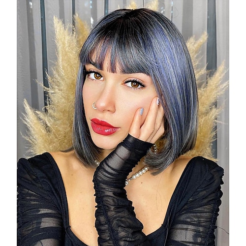 

Gray Wigs Blue Gray Wig Short Bob Wig with bangs Cosplay Synthetic Hair for White Black Women Heat Resistant Synthetic Blue Wig for Daily Use