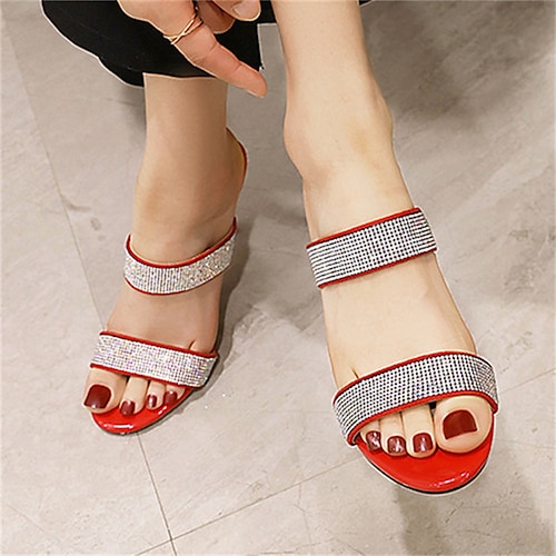 

Damen Sandalen Glitzernde Sandalen Täglich Sommer Strass Stöckelabsatz Offene Spitze Minimalismus Lackleder Halbschuhe Einfarbig Schwarz Rot