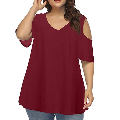 

Women's Plus Size Tops T shirt Tee Plain Cut Out Short Sleeve One Shoulder Basic Daily Going out Polyester Spring Summer Black Blue / V Neck / V Neck