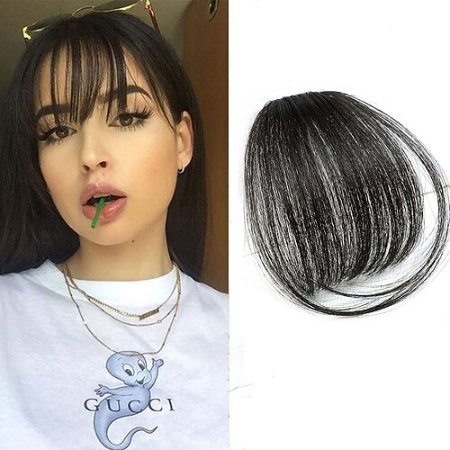 

Clip in Air Bangs Remy Human Hair Extensions One Piece Front Neat Air Fringe Hand Tied Straight Flat Bangs Clip on Hairpiece for Women