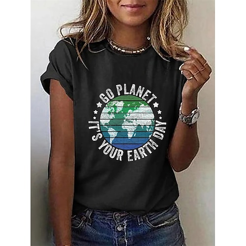 

Women's T shirt Tee Black Letter Short Sleeve Casual Daily Basic Round Neck Regular S