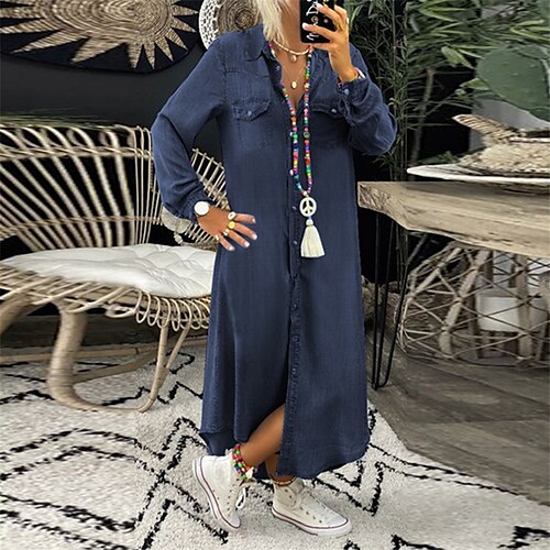 

Women's Shift Dress Denim Dress Long Dress Maxi Dress Black Navy Blue Light Blue Long Sleeve Pure Color Button Winter Fall Autumn Shirt Collar Modern Winter Dress Fall Dress Loose Fit 2022 S M L XL