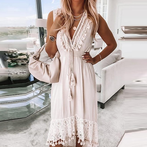 

Women's Casual Dress Swing Dress Long Dress Maxi Dress White Sleeveless Pure Color Lace Spring Summer V Neck 2022 S M L XL XXL