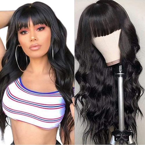 

Human Hair Wig Long Body Wave Neat Bang Natural Classic Adorable Best Quality Capless Brazilian Hair Unisex Natural Black #1B 12 inch 14 inch 16 inch Party / Evening Daily Wear Vacation