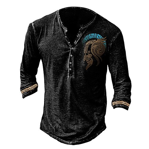 

Men's Henley Shirt Tee T shirt 3D Print Graphic Tribal Plus Size Henley Daily Sports Button-Down Print Long Sleeve Tops Basic Vintage Classic Designer Black
