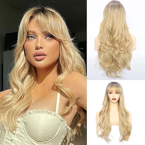 

Blonde Wigs with Bangs Blonde Wig With Bangs Long Wavy Wig Blonde Bangs Wig Deep Root Natural Realistic Heat-resistant Synthetic Wig Suitable For Daily/Party/Cosplay