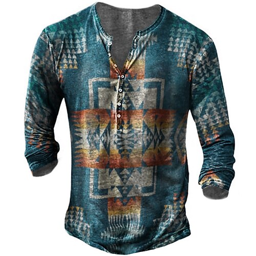 

Herre T skjorte Henly-skjorte T-skjorter Grafisk Geometrisk Stamme Henley Blå 3D-utskrift Store størrelser utendørs Avslappet Langermet Knapp ned Trykt mønster Klær Designer Fritid Retro Rød Militær