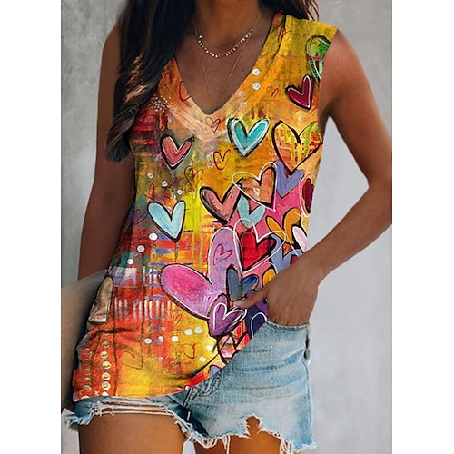 

Women's Tank Top Vest Green Purple Yellow Heart Print Sleeveless Daily Weekend Streetwear Casual V Neck Regular S / 3D Print
