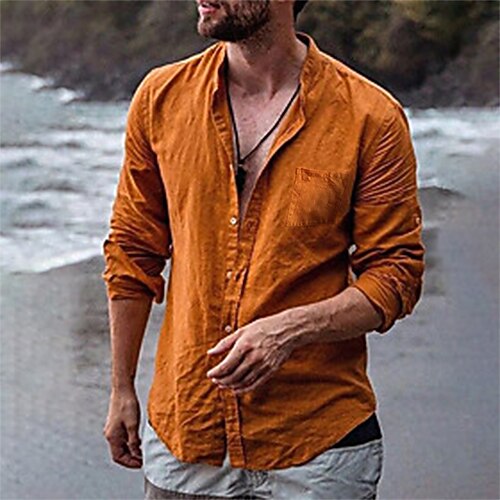 

Men's Shirt Solid Colored Stand Collar Street Casual Button-Down Long Sleeve Tops Casual Fashion Breathable Comfortable Orange Summer Shirts Beach Summer Shirts