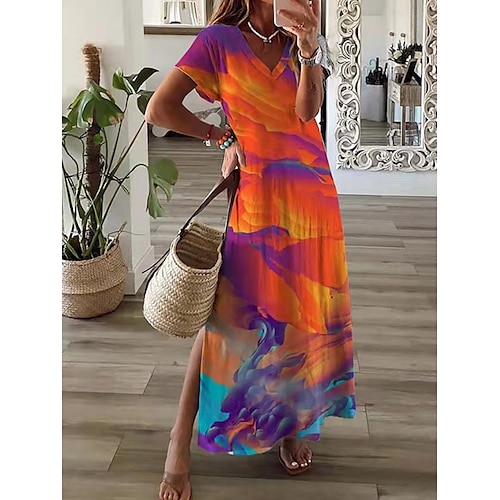 

Women's Shift Dress Maxi long Dress White Blue Orange Light Blue Short Sleeve Print Print Spring Summer Deep V Boho 2022 S M L XL XXL