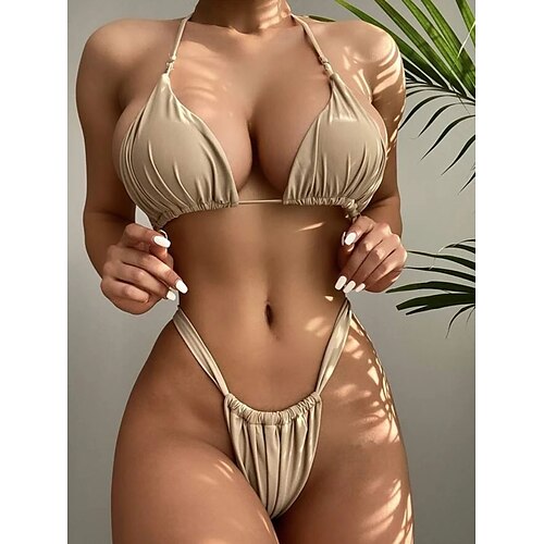 

Women's Swimwear Bikini trikini 2 Piece Normal Swimsuit 2 Piece Open Back Pure Color Black Khaki Halter Padded V Wire Bathing Suits New Vacation Sexy / Modern / Padded Bras