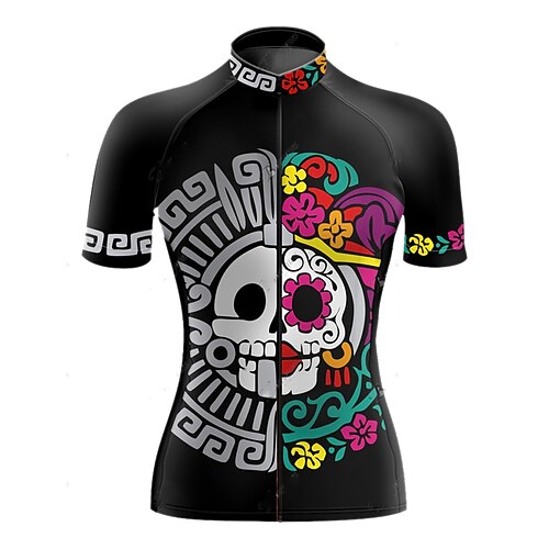 

21Grams Women's Cycling Jersey Short Sleeve Bike Top with 3 Rear Pockets Mountain Bike MTB Road Bike Cycling Breathable Quick Dry Moisture Wicking Reflective Strips Black Skull Floral Botanical