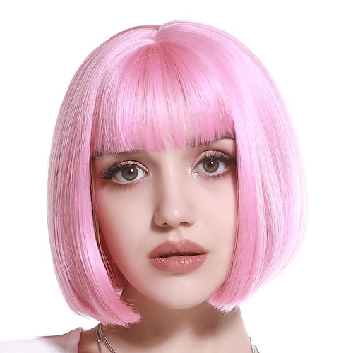 

Pink Wigs Pink Bob Wig Straight Short Synthetic Color Fashion Wig With Bangs For Women 8 Inch Cosplay Party Everyday Wear Heat Resistant Fiber