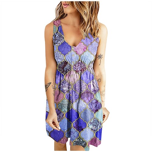 

Women's Shift Dress Short Mini Dress Green Purple Light Green Lavender Orange Light Blue Sleeveless Print Color Block Button Print Spring Summer V Neck Casual 2022 S M L XL