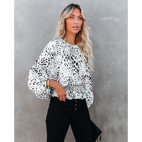 

Women's Blouse Shirt White Leopard Print Long Sleeve Daily Weekend Streetwear Casual Round Neck Regular Lantern Sleeve S / 3D Print