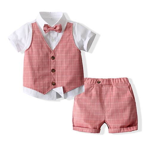 

2 Piezas Niños Chico Camisa y Bermudas Conjunto de Ropa Vestimenta Plaid Manga Corta Establecer Ocasión especial Amable Verano 2-6 años Rosa