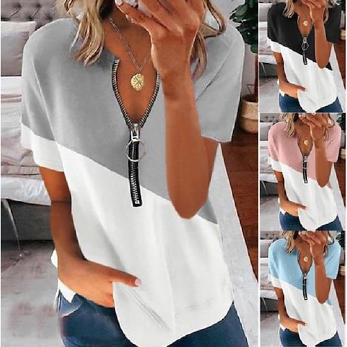

Women's Summer Contrast Printing V-neck Zipper Short-sleeved Shirt T-shirt Top