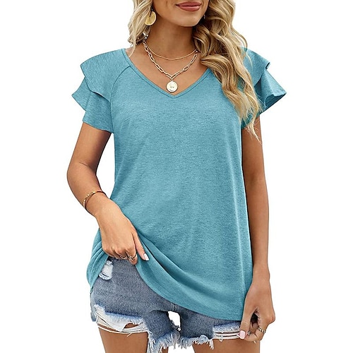 

abbigliamento donna estate tinta unita scollo a V doppio strato manica volant t-shirt ampia