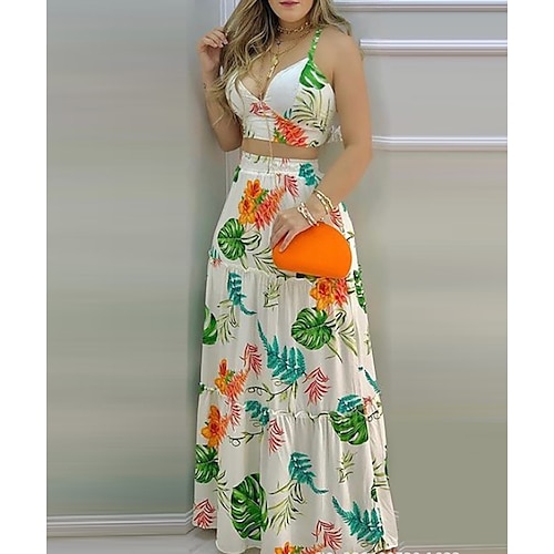 

Women's Crop Top Tank Top Skirt Sets Streetwear White Casual Vacation Floral Backless Print V Neck S M L XL