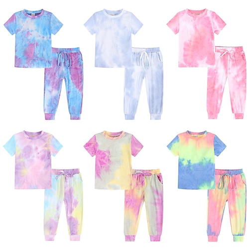 

2 Pièces T-shirt Pantalon Ensemble de Vêtements Tenues Enfants Garçon Tie Dye Manche Courte Set Plein Air Actif Frais Printemps Eté 2-8 ans Bleu Violet Rose Claire