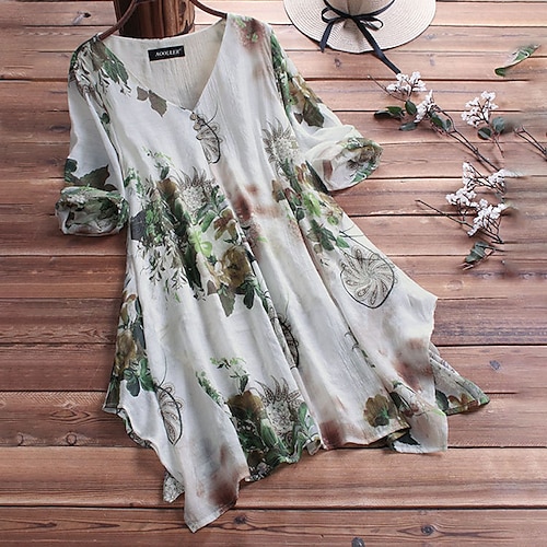 

Women's Plus Size Tops Blouse Shirt Floral Patchwork Long Sleeve V Neck Streetwear Festival Daily Sports Cotton Fall Spring Purple White