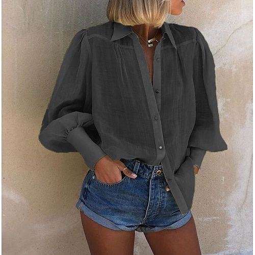 

Women's Blouse Shirt Green Pink Orange Plain Button Long Sleeve Daily Weekend Streetwear Casual Shirt Collar Regular Cotton S