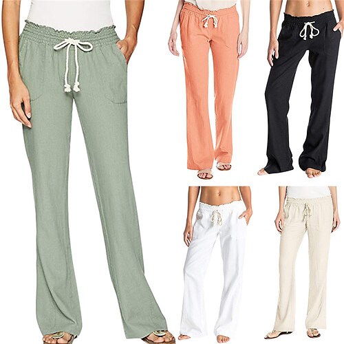 

Women's Oceanside Pants Cotton Linen Drawstring Flared Leg Pants Elastic Waistband Casual Loose Summer Beach Yoga Pants Yoga Clothes Quick Dry Lightweight Breathable Comfort Bottoms