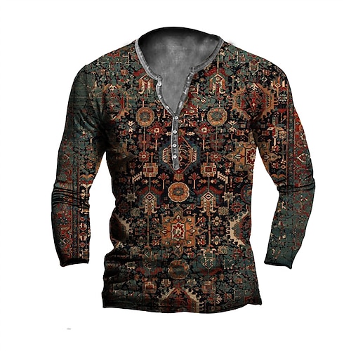 

Men's T shirt Tee Henley Shirt Graphic Tribal Henley Orange Red Gray 3D Print Outdoor Casual Long Sleeve Button-Down Print Clothing Apparel Vintage Designer Casual Classic