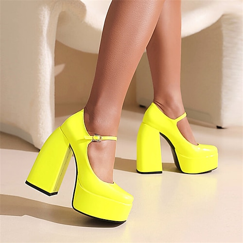 

Women's Heels Daily Summer Chunky Heel Square Toe Minimalism Patent Leather Ankle Strap Solid Colored Black White Yellow