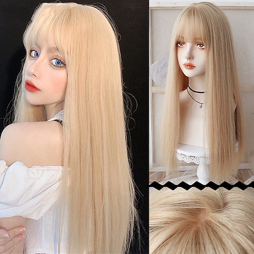 

Blonde Wigs with Bangs Long Natural Wavy Platinum Blonde Wigs With Bangs Cosplay Party Lolita Synthetic Wigs for Women Heat Resistant Fiber