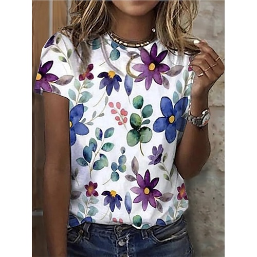 

Women's T shirt Tee White Floral Patchwork Print Short Sleeve Casual Daily Basic Round Neck Regular S / 3D Print