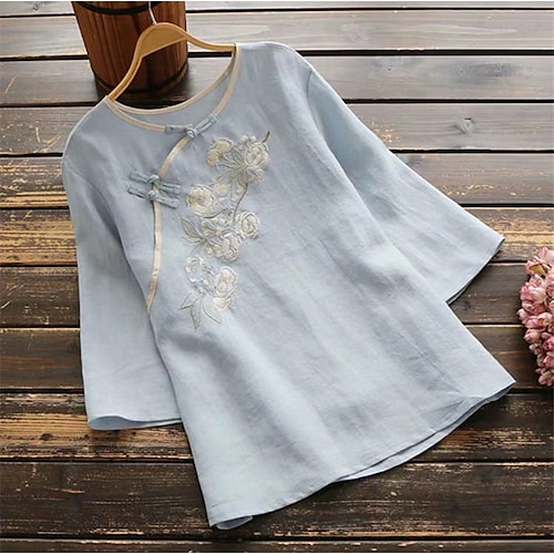 

Women's Plus Size Tops Blouse Shirt Floral Embroidered 3/4 Length Sleeve Crewneck Vintage Streetwear Daily Going out Cotton Fall Spring White Blue