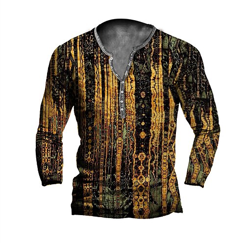 

Men's T shirt Tee Henley Shirt Graphic Tribal Henley Gold Orange 3D Print Outdoor Casual Long Sleeve Button-Down Print Clothing Apparel Vintage Designer Casual Classic