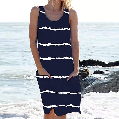 

summer new women's hot sale loose round neck pocket striped sleeveless dress is now