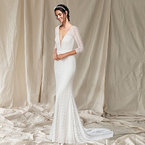 

Mermaid / Trumpet Wedding Dresses V Neck Sweep / Brush Train Lace 3/4 Length Sleeve Romantic Sexy Backless with Crystal Brooch 2022