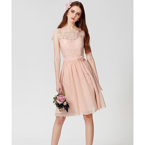 

A-Line Bridesmaid Dress Jewel Neck Sleeveless Elegant Above Knee Chiffon / Lace with Pleats 2022