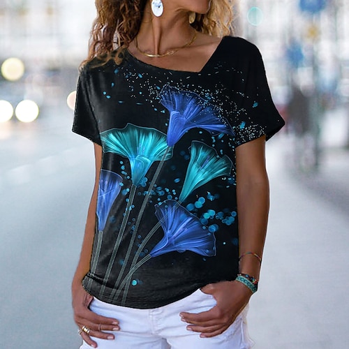 

Women's T shirt Tee Green Blue Pink Floral Print Short Sleeve Casual Holiday Basic V Neck Regular Floral Painting S / 3D Print