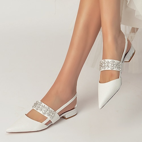 

Women's Wedding Shoes Dress Shoes Wedding Party Wedding Flats Summer Rhinestone Flat Heel Pointed Toe Luxurious Classic Glitter Elastic Band Solid Colored White Silver Champagne