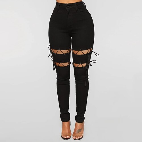 

Women's Pants Trousers Jeans Distressed Jeans Denim Black Mid Waist Fashion Casual Weekend Side Pockets Cut Out Micro-elastic Full Length Comfort Plain S M L XL XXL