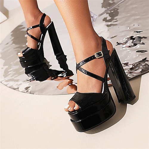 

Women's Sandals Platform Sandals Daily Summer Platform Chunky Heel Open Toe Minimalism Patent Leather Ankle Strap Solid Colored Black