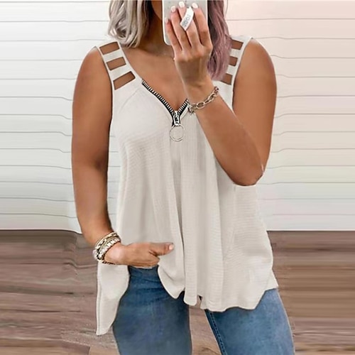 

Women's Plus Size Tops T shirt Tee Plain Zipper Sleeveless One Shoulder Sexy Preppy Daily Going out Polyester Spring Summer White Black / V Neck / V Neck