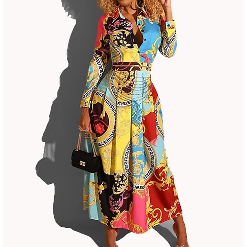 

Women's A Line Dress Maxi long Dress Blue Light Blue Long Sleeve Geometric Shirt Collar Hot Elegant Slim S M L XL XXL