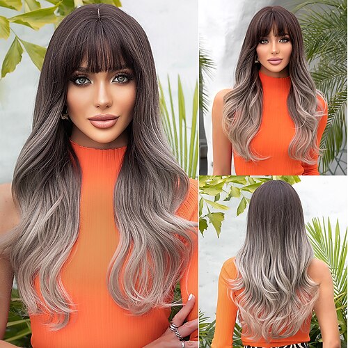 

HAIRCUBE Ombre Brown Synthetic Wig for Woman Brown/Auburn/Blonde/Dark Brown Long Body Wave Hair Natural Heat Resistant Wig