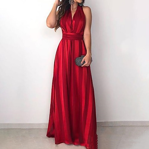 

Women's Party Dress Cocktail Dress Semi Formal Dress Long Dress Maxi Dress Red Sleeveless Striped Print Summer Spring V Neck Party Party Christmas Spring Dress 2023 S M L XL