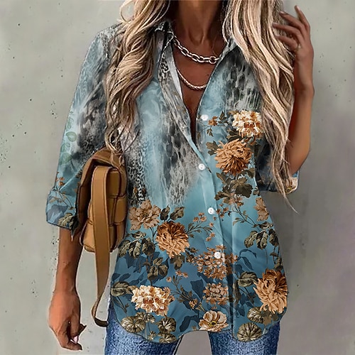 

Women's Blouse Shirt Blue Floral Button Print Long Sleeve Holiday Weekend Streetwear Casual Shirt Collar Regular Floral S / 3D Print