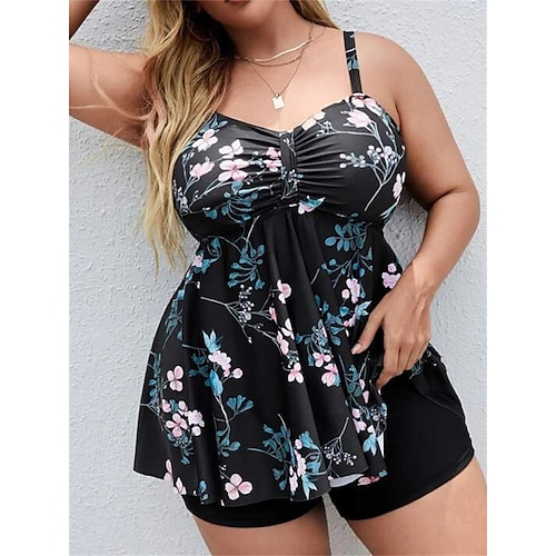 

Mujer Bañadores Tankini 2 piezas Talla Grande Traje de baño 2 Piezas Espalda Abierta Estampado para bustos grandes Floral Negro Naranja Camisola Acolchado Escote en V Trajes de baño nuevo Elegante