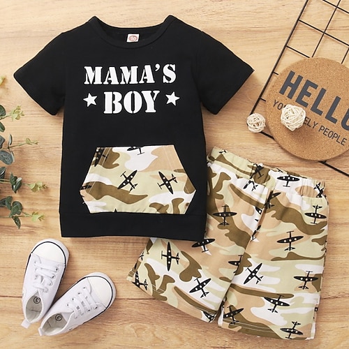 

2 Pieces Toddler Boys T-shirt & Shorts Clothing Set Outfit Cartoon Letter Camouflage Short Sleeve Print Cotton Set Outdoor Daily Casual Spring Summer 1-4 Years Black