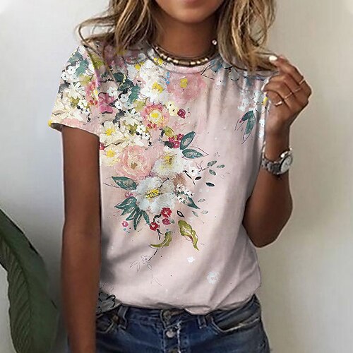 

Women's T shirt Tee Pink Floral Print Short Sleeve Casual Holiday Basic Round Neck Regular Floral Abstract Painting S / 3D Print