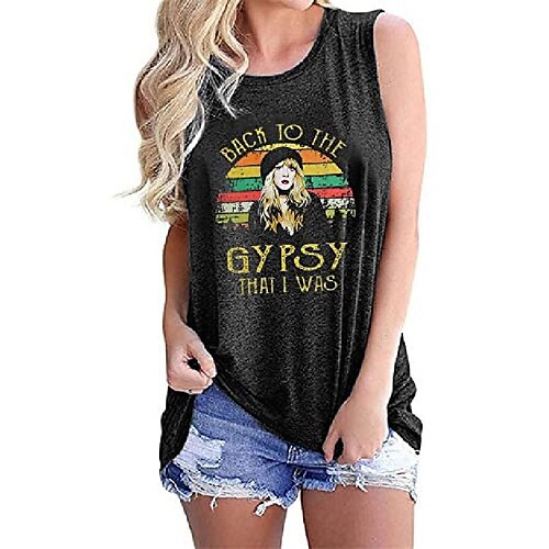 

Vintage Retro Tank Top Womens Back to The Gypsy That I was Shirts Casual Summer Sleeveless Tops Grey Hippie Shirt L